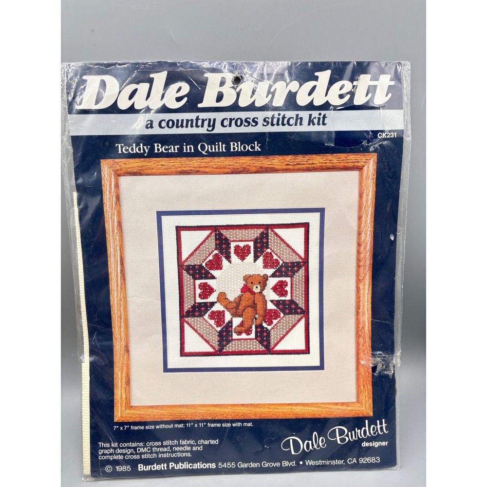 Vintage 1985 Dale Burdett Teddy Bear in Quilt Block Cross Stitch Kit CK231 NEW